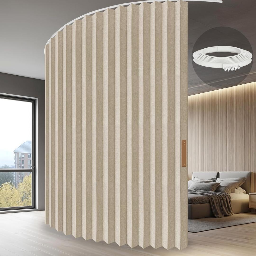 JILRON Accordion Folding Room Partition with Ceiling Track - Retractable Room Divider Curtain, Effortless Setup(Beige 100" W x 84" L-Pack of 1)
