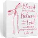 Pink Room Decor, Christian Bible Verse Decoration, Christian Gifts for Women, Pink Coquette Bow Decoration, Birthday Gifts for Women,Inspirational Wooden Box Sign Office Accessories Decor-Luke 1:45