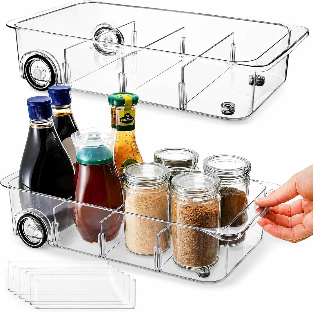 2 Pack Refrigerator Organizer Bin with Wheels, Roll Out Pantry Storage with Dividers, Clear Plastic Refrigerator Drawer, Upgrade Thick Fridge Caddy for Under Sink, Kitchen Organization