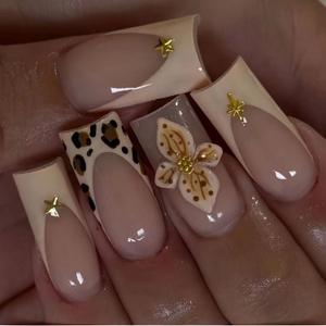 Leopard Print French Tip Press on Nails Medium Square Shaped False Nails with 3D Flower and Stars Designs Spring Floral Fake Nail Embossed Acrylic Nail Full Cover Stick on Nails for Women 24 Pcs (165)
