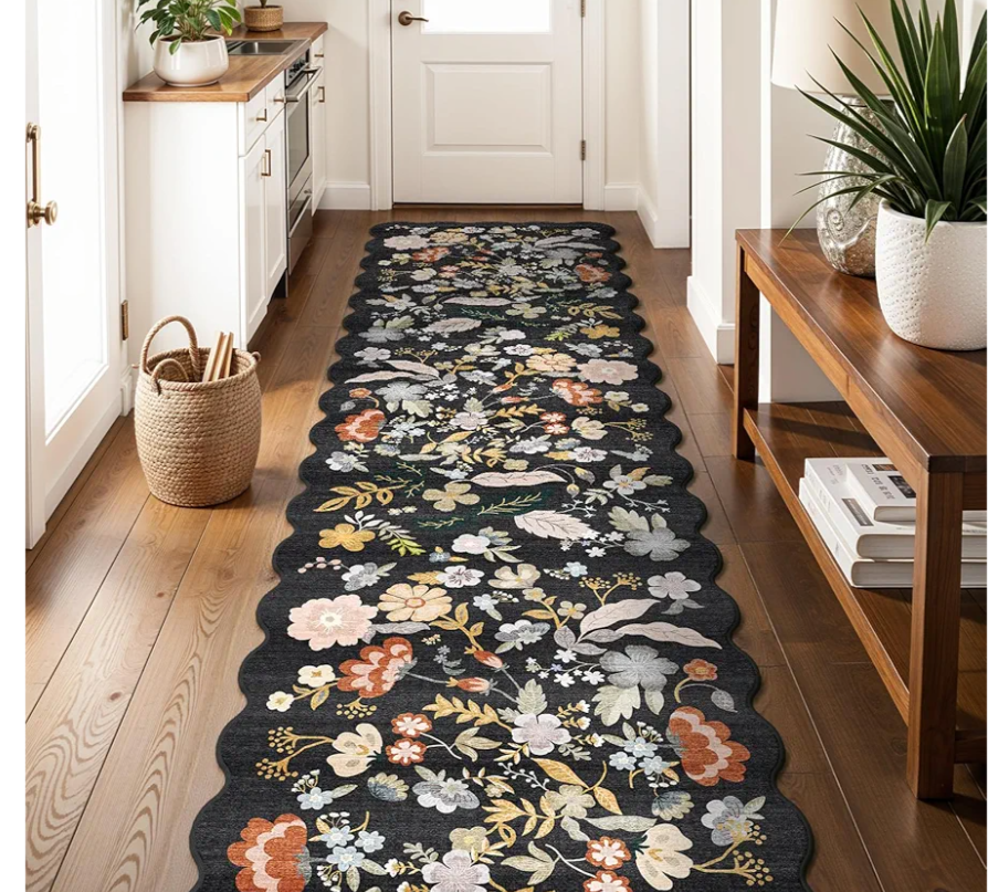 3x12ft Long Hallway Runner Rug - Non Slip Washable Floral Floor Runner for Kitchen Entryway Bathroom，Boho Low Pile Thin Rubber Backed Scalloped Carpet Runner (Black, 3x12)