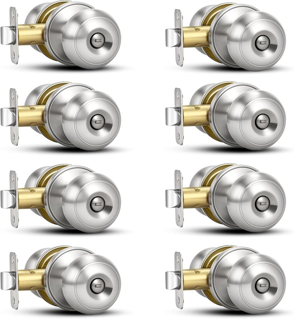 Plustool 8 Pack Brushed Nickel Door Knobs,Privacy Door Knob with Lock, Interior Doorknobs Silver, Keyless Door Locks Set for Bedrooms Bathrooms, Reversible for Left/Right Door Handle