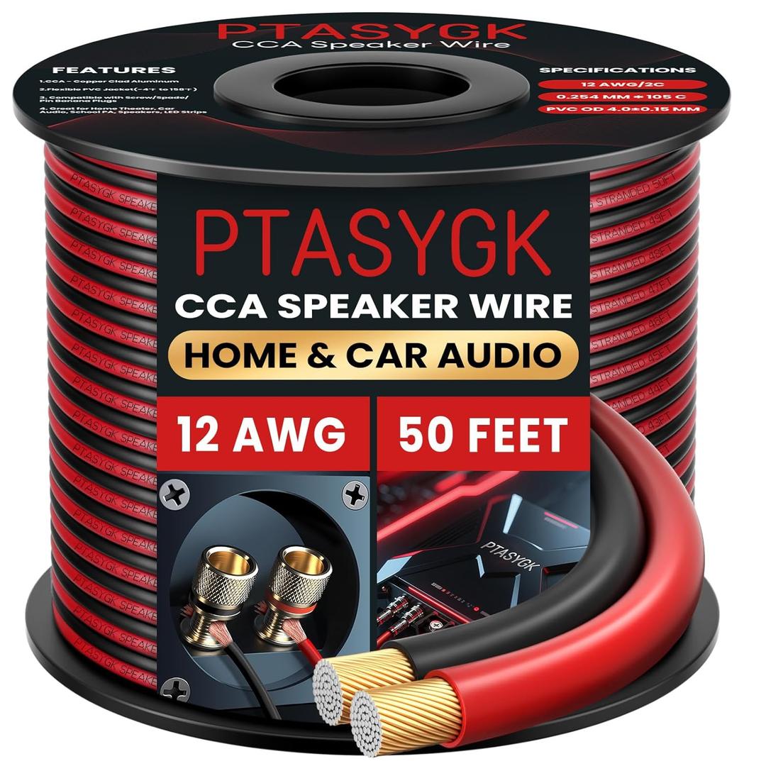 12 Gauge Speaker Wire 50 Feet - 2 Conductor CCA Clear Audio Speaker Cable for Home Theater & Car Stereo with 1FT Markings