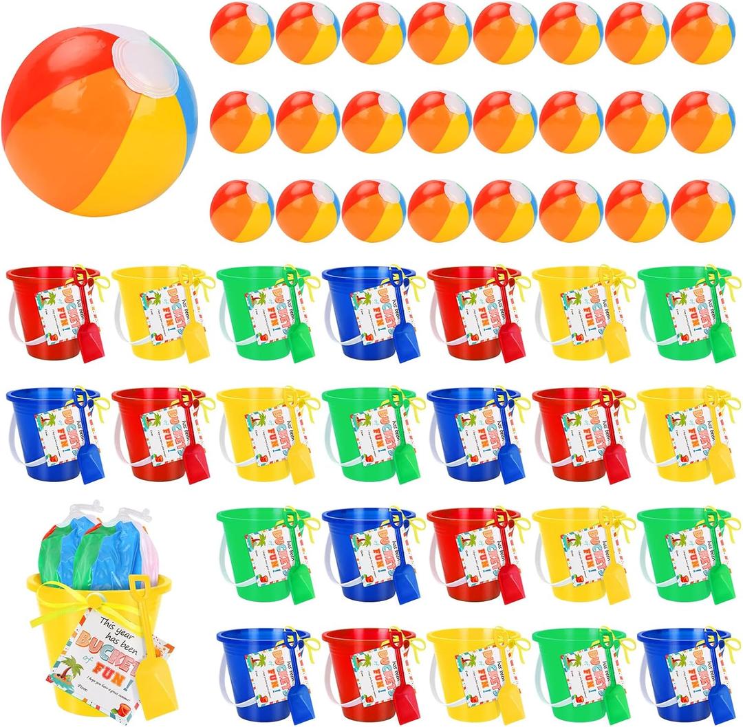 24 Set End of Year Students Gift from Teacher Bulk Sand Bucket and Shovels Beach Ball Set with Blessing Card Preschool Kindergarten Graduation Gifts Summer Pool Party Favors for Kids (Classic)
