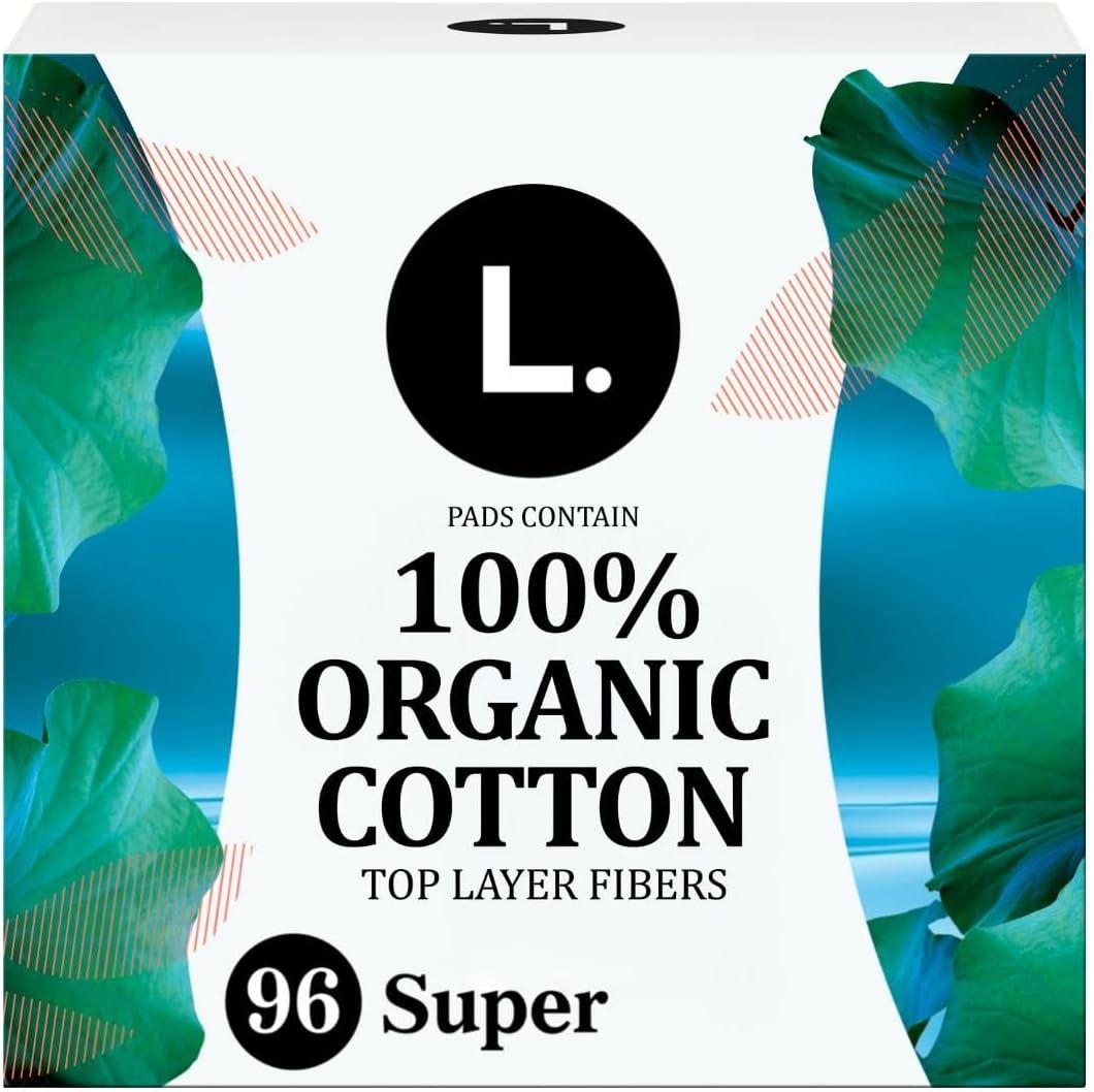 L. Ultra Thin Pads for Women, Super Absorbency, Organic Cotton Top Layer, Unscented Pads with Wings, 96 Count (4 Packs of 24)