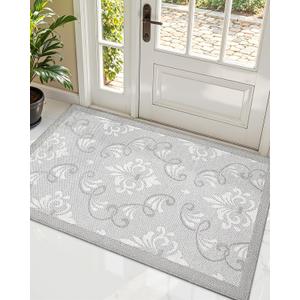 LUMI Ultra Thin Indoor Door Mat, 39x60 Front Door mat, Non Slip Washable Floral Design Floor Mats for Inside Entrance, Grey