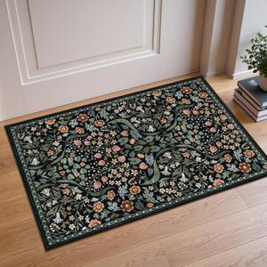 Moynesa Floral 2x3 Entryway Rug, Washable Kitchen Rugs Non Slip Front Door Mat for Indoor Entrance, Boho Ultra Thin Small Rug Soft Botanical Throw Carpet for Bathroom Bedroom, Black
