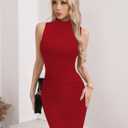 Missufe Women's Summer Sleeveless Mock Neck Casual Mini Dresses 2026 Bodycon Ruched Cocktail Party Double Lined Dress (Red)