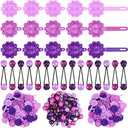72 Pcs Hair Accessories Set: Plastic Self-Hinge Barrettes, Hair Balls, Bow Ties, Flower Clips for Girls, Baby, and Toddler (Purple, 80s 90s Inspired)