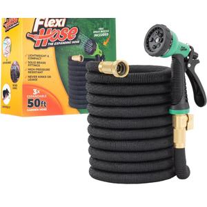 Flexi Hose Expandable Garden Hose with 8 Function Nozzle, 50FT - Lightweight Retractable Garden Hose, Water Hose - No-Kink Flexibility, 3/4 Inch Solid Brass Fittings and Double Latex Core