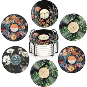 Vintage Vinyl Record Botanical Aesthetic Ceramic Coasters Set of 6, Round Absorbent Drink Coaster, with Metal Holder & Cork Base, Coasters for Coffee Table Kitchen Office Home Decor or Gifts