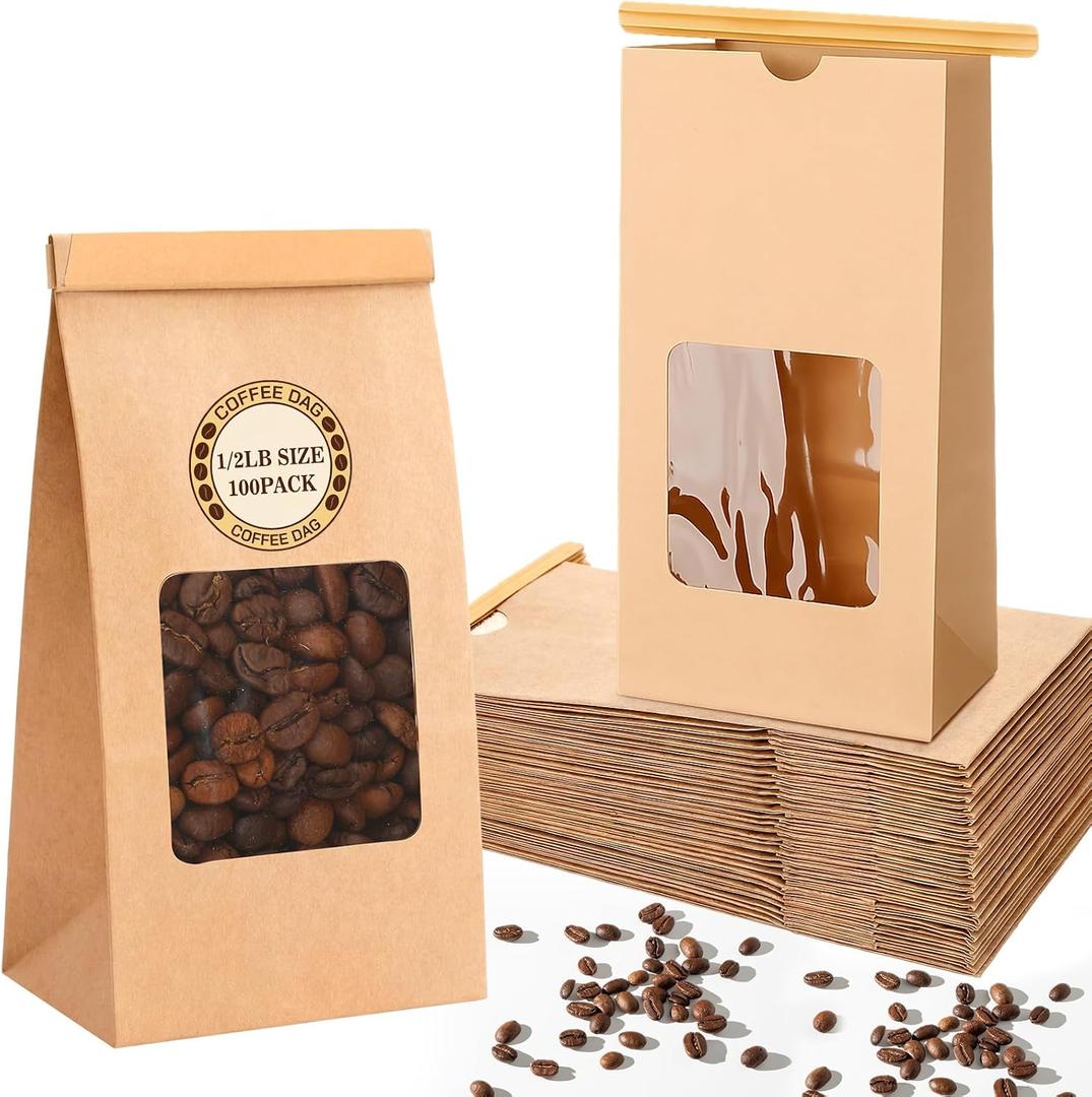Ctosree 100 Pcs 1/2 lb Kraft Coffee Bags, Resealable Bakery Bags with Window Tin Tie Tab Lock Kraft Brown Paper Bag for Coffee Bean, Cookies, Treat, Snack, Treats