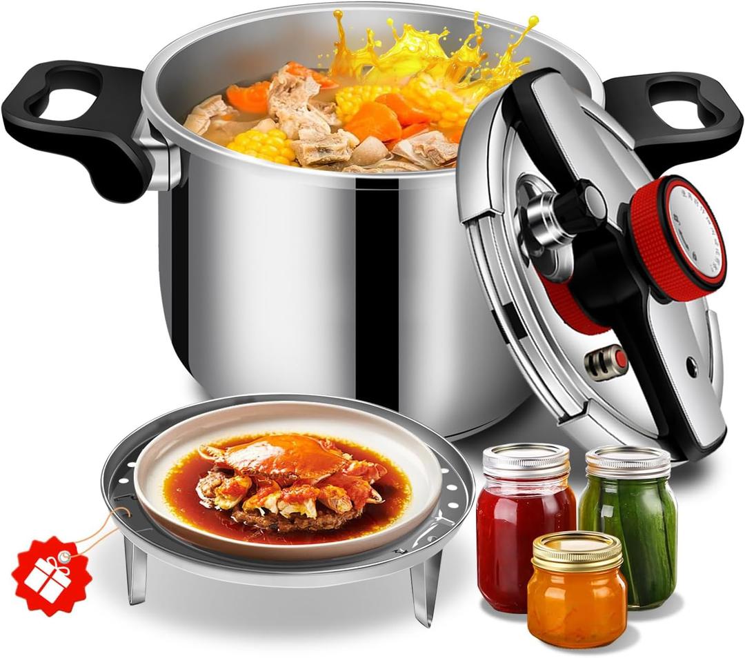 6.34 Quart Stainless Steel Pressure Cooker, Medium Size Stovetop Pressure Cooker, Induction Compatible, Heavy Duty, Even Heat Base for Daily Family Cooking