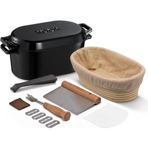KooK Dutch Oven with Lid, Enameled Cast Iron Bread Baker, Dual Handles, 3.4 Qt, Oval, Includes Banneton Proofing Basket with Liner, Artisan Sourdough Bread Baking Set (Kit)