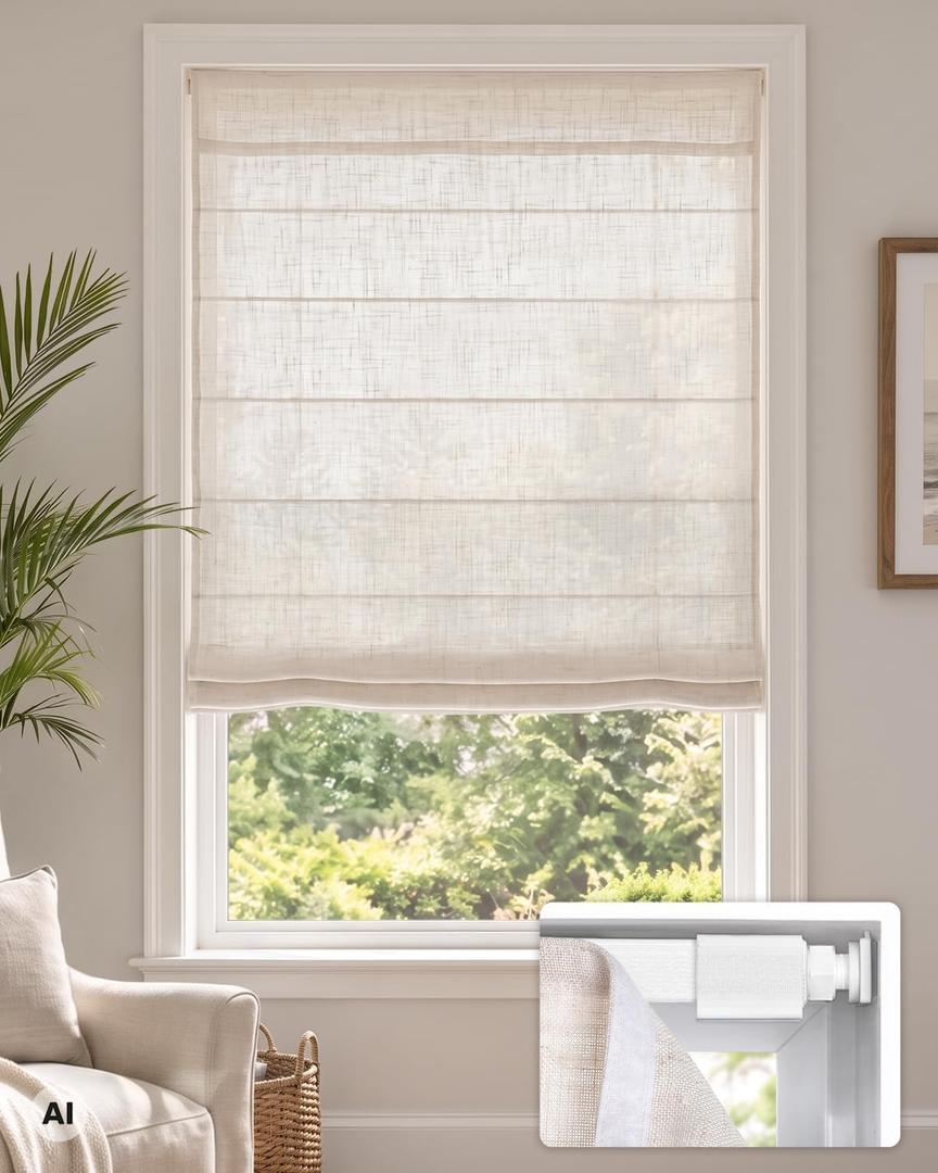 LazBlinds No Drill Cordless Roman Shades, 30" W × 48" H, Faux Linen