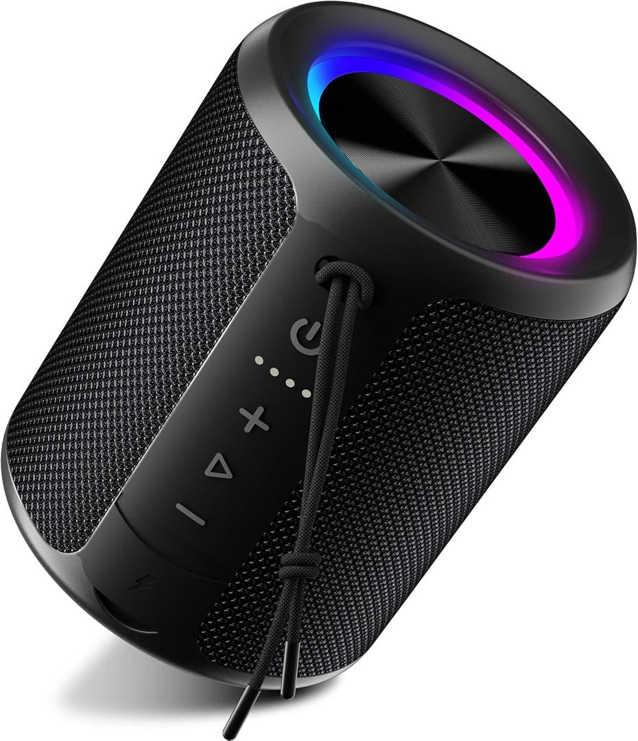 Portable Bluetooth Speaker, IPX7 Waterproof Wireless Speaker with 20W Loud Stereo Sound, 15H Playtime & Beat-Synced RGB Light, Small Outdoor Speaker for Shower, Pool, Beach, Hiking and Gifts (Black)