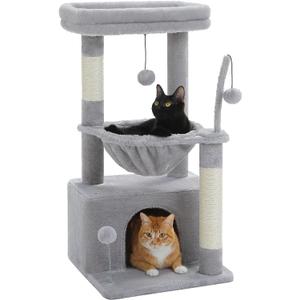 PEQULTI 4-in-1 Cat Tree, 33'' Cat Tower for Indoor Cats with Large Cat Condo, Scratching Post for Cats with Deep Hammock& Cozy Top Perch, Grey