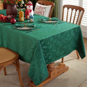 Honellaty Rectangle Christmas Holiday Tablecloth Jacquard Fabric Table Cloth, Winter Holly Berry Leaf Pattern Spill-Proof Table Cover for Family Gathering Dinner Decor 6084 Inches Green