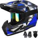Youth Kids Motocross Helmet, Adult ATV Dirt Bike Helmet with Goggles Gloves & Mask Quick, Full Face Motorcycle Helmet with Quick Release Buckle DOT Certified (Small, 02 Dark Blue)