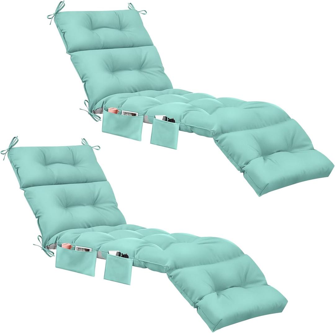 2 x Kigley 2 Pcs Outdoor Chaise Lounge Cushions with 3 Side Pocket 74.5 x 22 x 4.7 Inch Patio Chaise Lounge Cushion, Water-Repellent and Fade-Resistant Tufted Summer Replacement (Light Green)