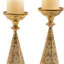 Farmhouse Gold Candle Holders for Pillar Candles, Metal Distressed Set of 2 Retro Flower Design Pillar Candle Stand Dual Use, Can be Vase Table Centerpiece Decor for Fireplace, Living, and Dining Room