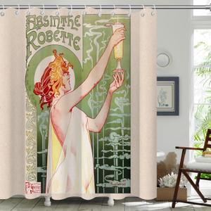 KAIRA Vintage French Poster Art Shower Curtain,Dynamic Color Splash Design,72 by 72 Inches Modern Polyester,Hook Set Included