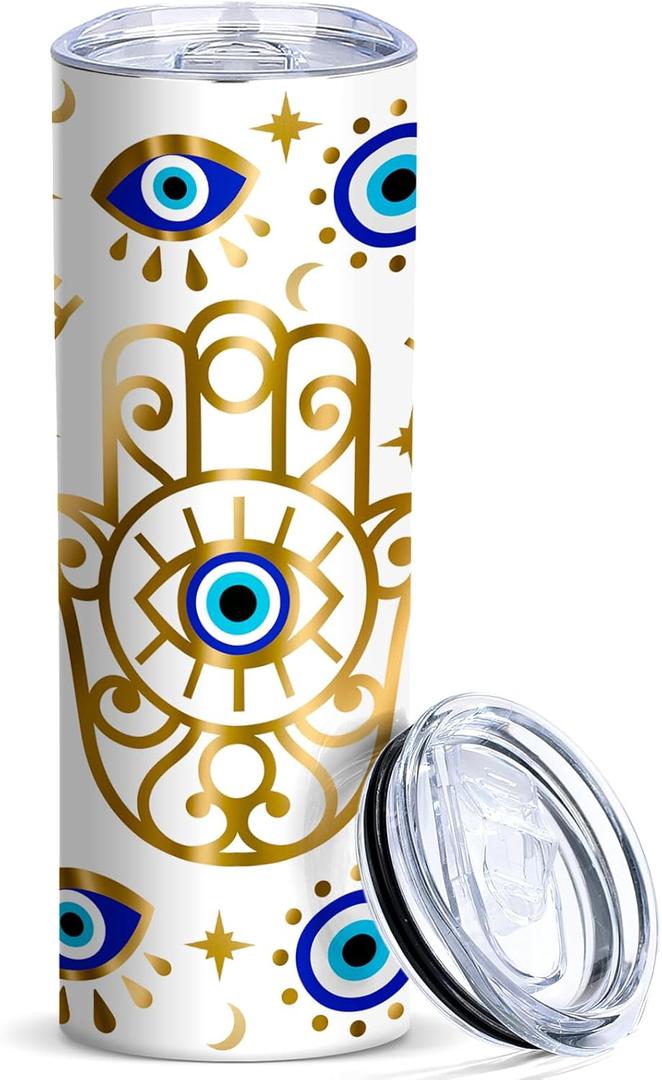 Birthday Gifts for Women Her Mom, Evil Eye Insulated Skinny Tumblers Cup Coffee Mug with Lid 20oz Reusable Water Bottle for Hot & Cold Drinks Tea Cup Iced Coffee Thermos Travel Mug (Pack of 1) (Golden)