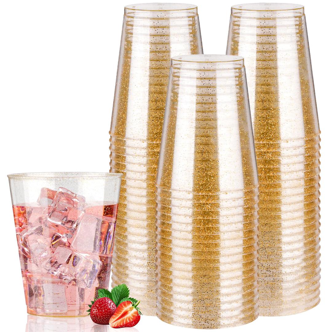 Goodluck 10 oz 50 PCS Gold Glitter Plastic Cups, Disposable Glitter Cups, Elegant Plastic Cocktail Glasses, Fancy Party Cups for Wedding, Birthday, Holiday