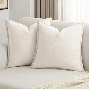 Cream White Chenille Throw Pillow Covers 16x15 Inch Set of 2, Soft Cozy Bound Edge Design Cushion Case, Home Decor for Couch Bed Living Room