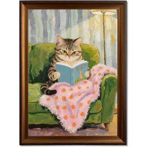 Framed Cat Reading Books Canvas Wall Art Cute Sofa Cat Reading Books Wall Decor Pictures Funny Animal Poster Prints for Bedroom Reading Nook Kids Girls Room 8x12 in