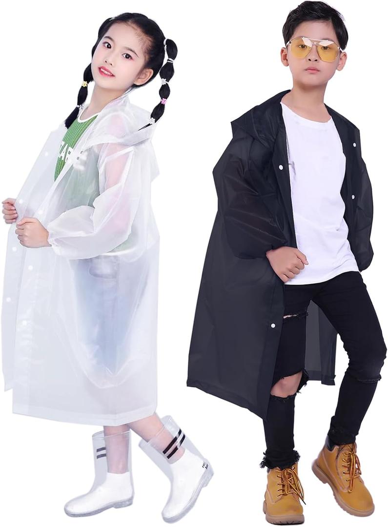Kids Rain Jacket, 2 Pack Rain Ponchos for Kids - Reusable Raincoats for Boys and Girls Waterproof Outdoor Rain Gear (6-11 Years, G: White + Black)