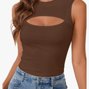 Vrtige Women's Sexy Cut Out Tank Crewneck Ribbed Knit Sleeveless Slim Fit Top Shirt (Medium)