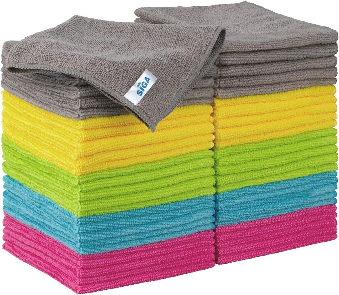 MR.SIGA Microfiber Cleaning Cloth, All-Purpose Cleaning Towels, Pack of 50, Size 11.8 x 11.8 in (Green/Blue/Yellow/Pink/Gray)