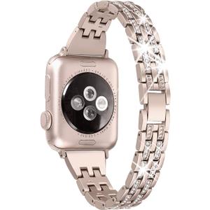 Secbolt Bling Bands Compatible with Apple Watch Band 38mm 40mm 41mm 42mm 44mm 45mm 46mm 49mm Women iWatch SE Series 10 9 8 7 6 5 4 3 2 1, Dressy Jewelry Metal Wristband Strap Diamond Rhinestone (Champagne Gold)