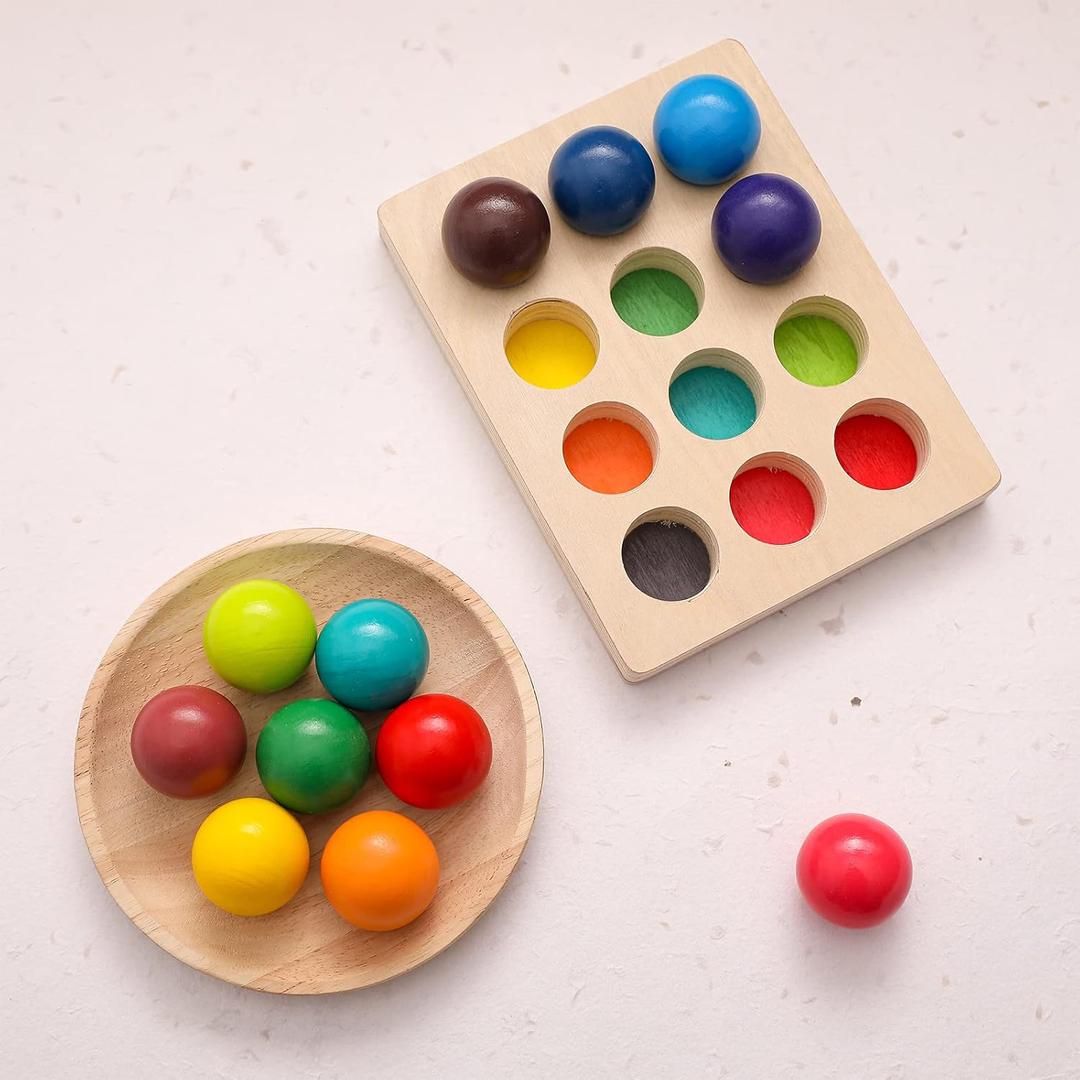 Ibwaae Wooden Color Sorting Balls Game Peg Board Rainbow Color Matching Toys 12 Pcs Activities Balls Montessori Toys for Toddlers