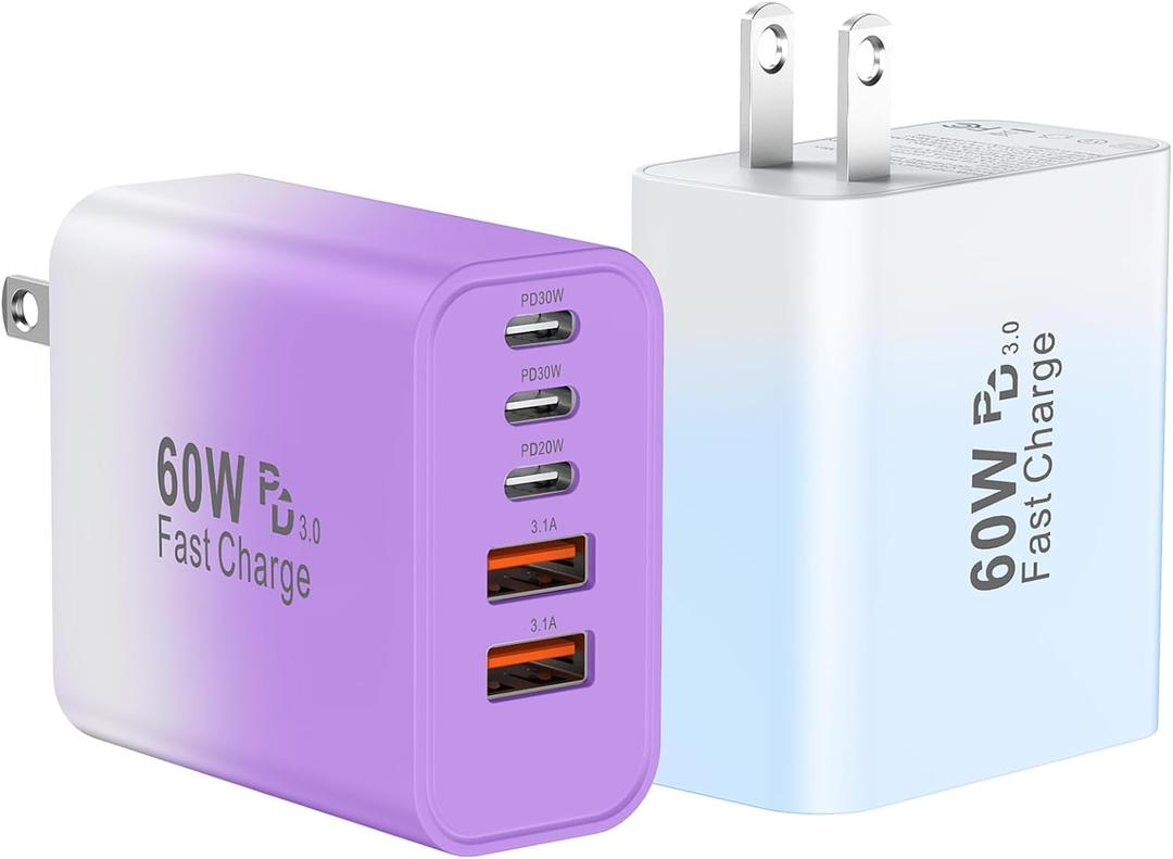 USB C Fast Wall Charger Block, 2Pack 60W USBC Charging Cubes, 5-Port PD+QC Power Adapter Multiport Brick Type C Box Plug for Phone 16/15/14/13/12/11/Pro Max/Plus, Pad Mini/Pro/S25/S24 (Gradient Purple+Blue-60W)