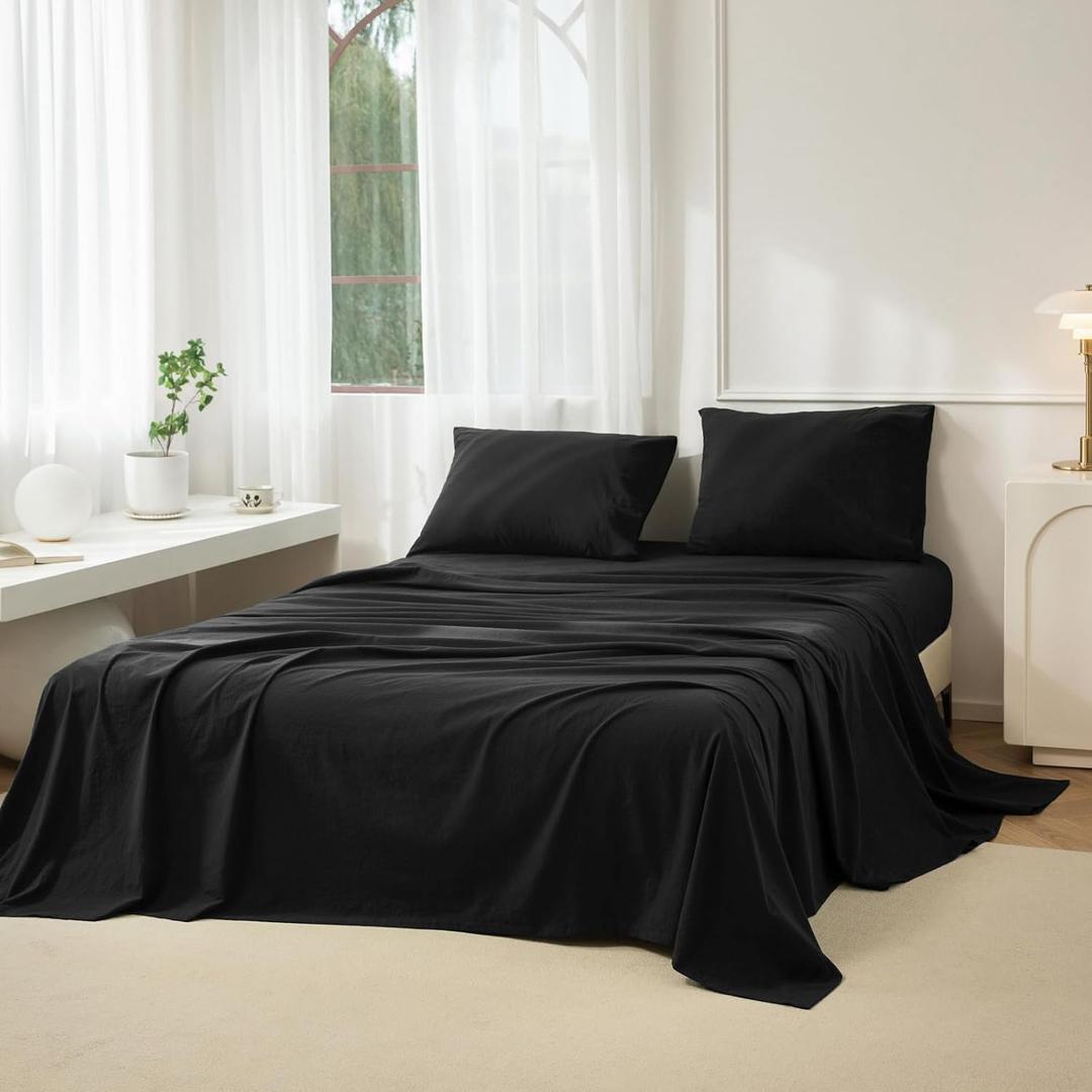 JIYUAN 100% Washed Cotton Sheet Set 4 Pieces Queen,1 Fitted Sheet,1 Flat Sheet and 2 Pillowcases,Comfy and Breathable Linen Like Bedding Set, Black