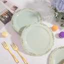 LIYH 100 Pcs Light Green Gold Plastic Dessert Plates with 100 Pcs Gold Dessert Plates, Disposable Sage Green Salad Plates, Includes: 100 Appetizer Plate 7.5" & 100 Golden Cake Forks 5"