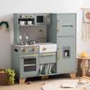 ROBUD Play Kitchen Set, Wooden Play Kitchen with Ice Maker, Fridge, Coffee Machine, Oven, Dishwasher, Microwave, Kitchen Accessories, Toy Kitchen Gift for Boys Girls, 3+
