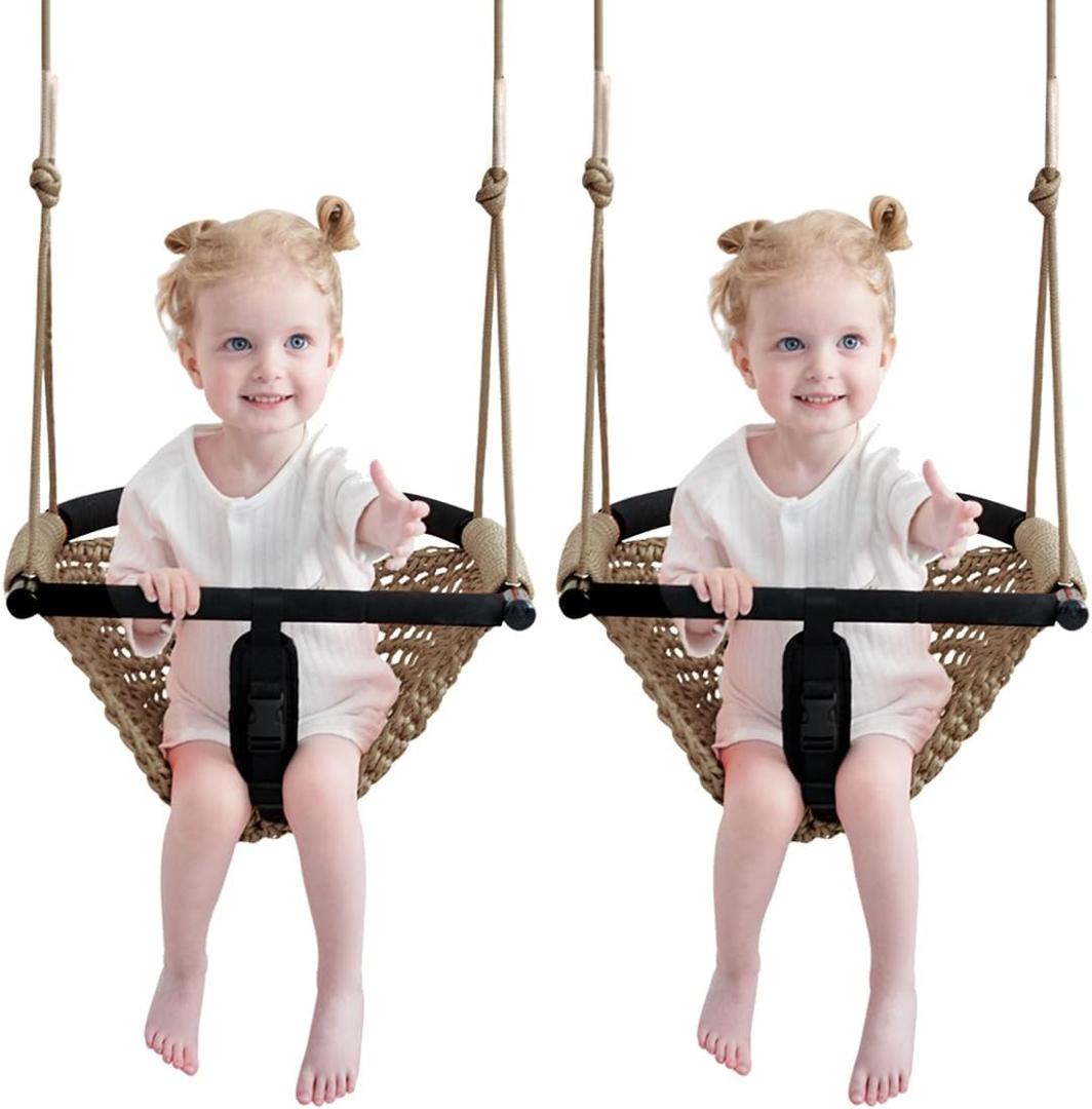 2-in-1 Toddler Swing, Adj Ropes, Ind/Out, Heavy-Duty,Light Brown 2-Pack