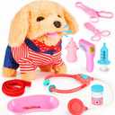 Toddler Toy 10 Pcs Interactive Retriever Robot Dog Toy - Walking & Stuffed Puppy with Stethoscope for Vet Role Play, Educational Toddler Gifts for 3 Year Old Girl