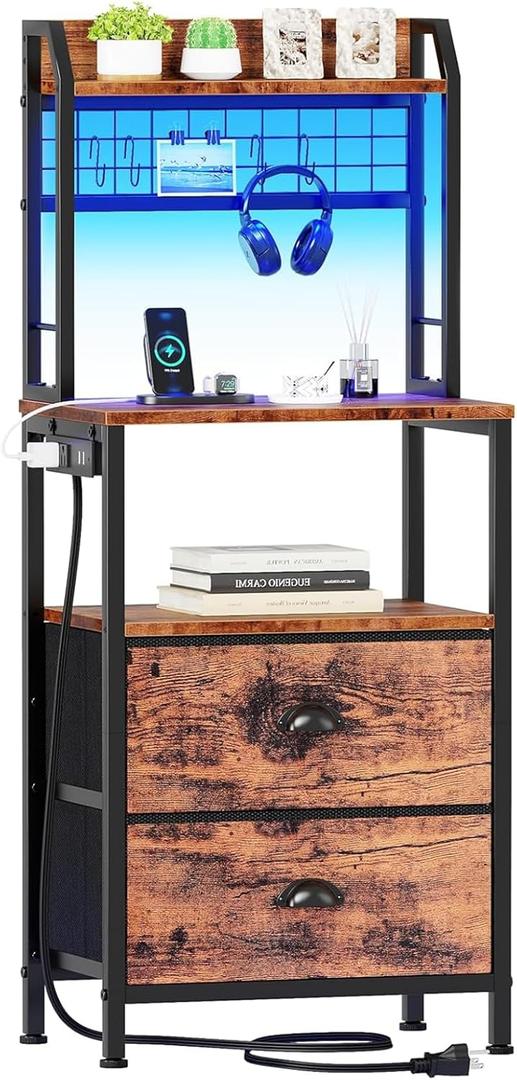 Furologee 40'' Tall Nightstand with Charging Station, Bedside Table with LED Lights, End Table with 2 Drawers and Storage Shelves, Night Stand with Pegboard for Bedroom, Rustic Brown