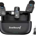 ZealSound Mini Wireless Lavalier Microphone for iPhone iPad Android, Dual Channel Wireless Mics with Noise Cancellation, Mute & Volume Control, 33H Battery Case, USB-C & Lightning Plug & Play, Black