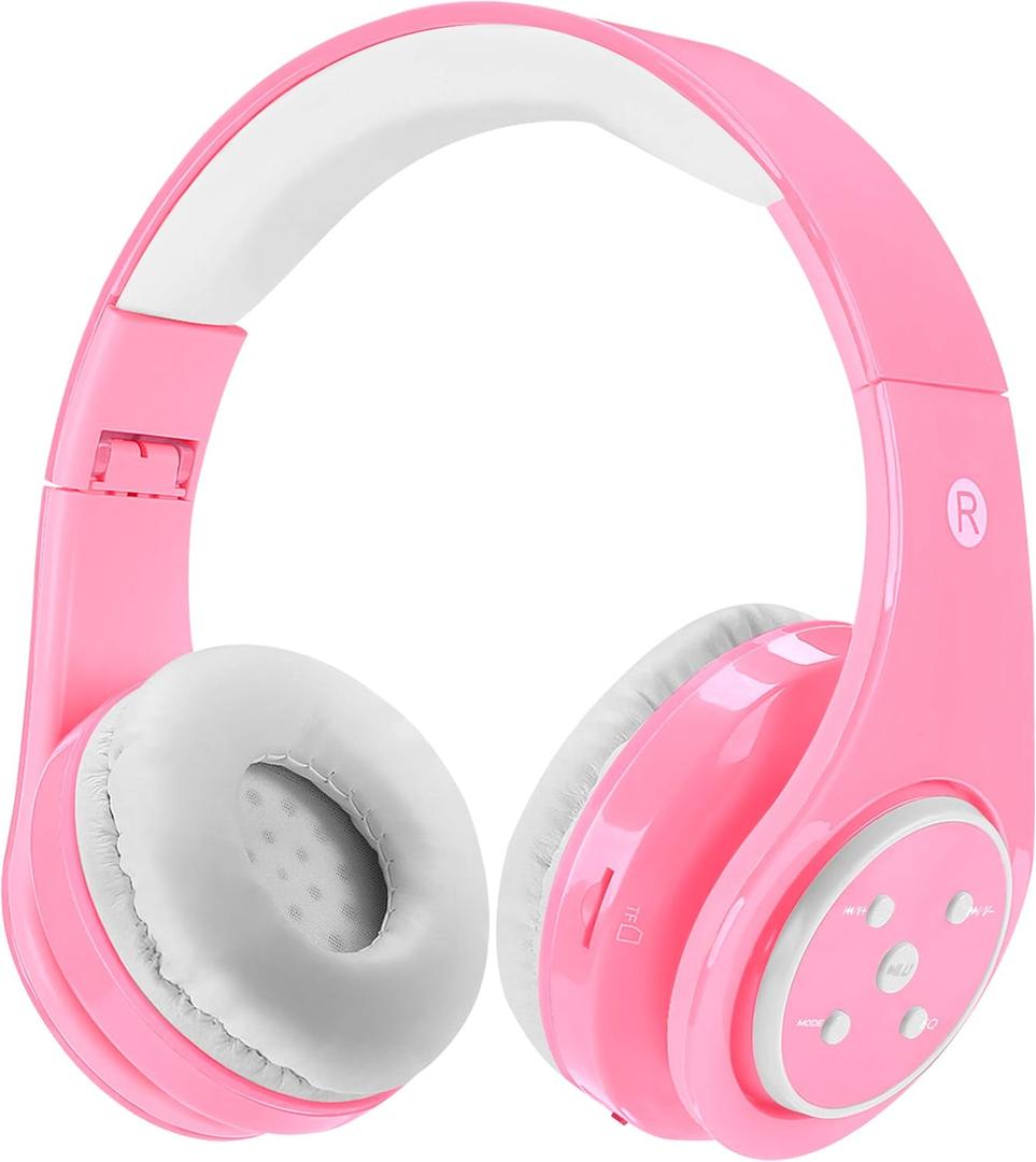 Kids Wireless Bluetooth headphones Volume Limited 85db/110db Stereo Sound Over-Ear Foldable Lightweight Children headphones with Mic SD Card Slot up to 16 hours play time for Boys Girls Adults (Pink)