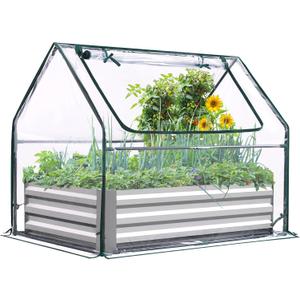 Quictent Raised Garden Bed with Cover Outdoor Galvanized Steel Planter Box Kit with Greenhouse Large Zipper Window Dual Use, 20pcs T-Type Tags & 1 Pair of Gloves Included 4x2.5x1 FT, Clear