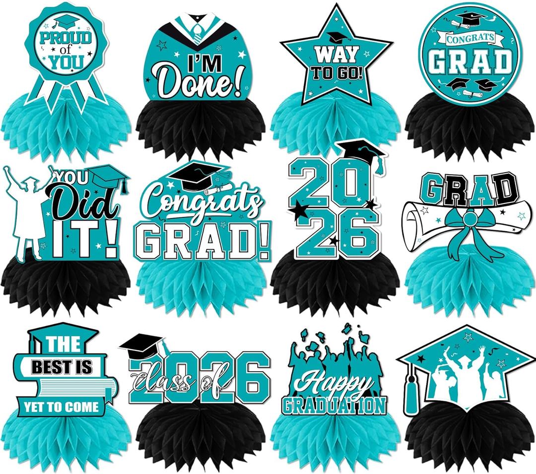 Teal Graduation Decorations Class Of 2026 Honeycomb Centerpieces, 12Pcs Class of 2026 Graduation Centerpieces for Tables Teal Congrats Grad Graduation Table Decorations, Teal Graduations Table Toppers