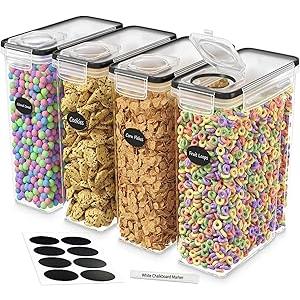 DWËLLZA KITCHEN Cereal Containers Storage 4 Pack 135 fl. oz Cereal Dispenser Airtight Food Storage Containers BPA-Free Pantry Organization and Storage, Canister for Flour & Sugar 1 Marker 8 Labels