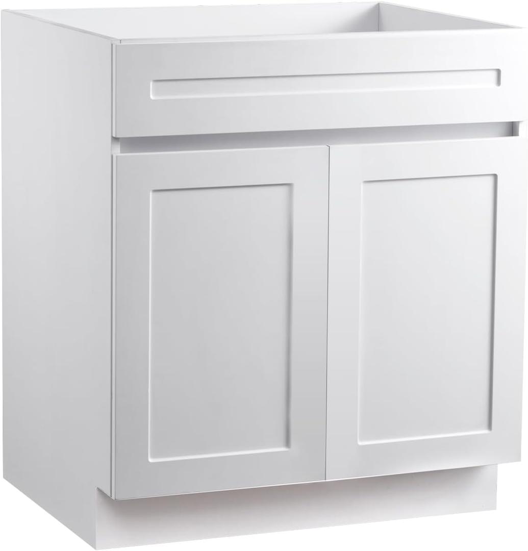 VEVOR White Shaker Base Cabinet, 30-Inch Unassembled Sink Base Cabinet, 30" W x 24" D x 34.5" H Ready to Assemble Cabinet with Soft-Close Doors and Adjustable Shelf, for Home Office