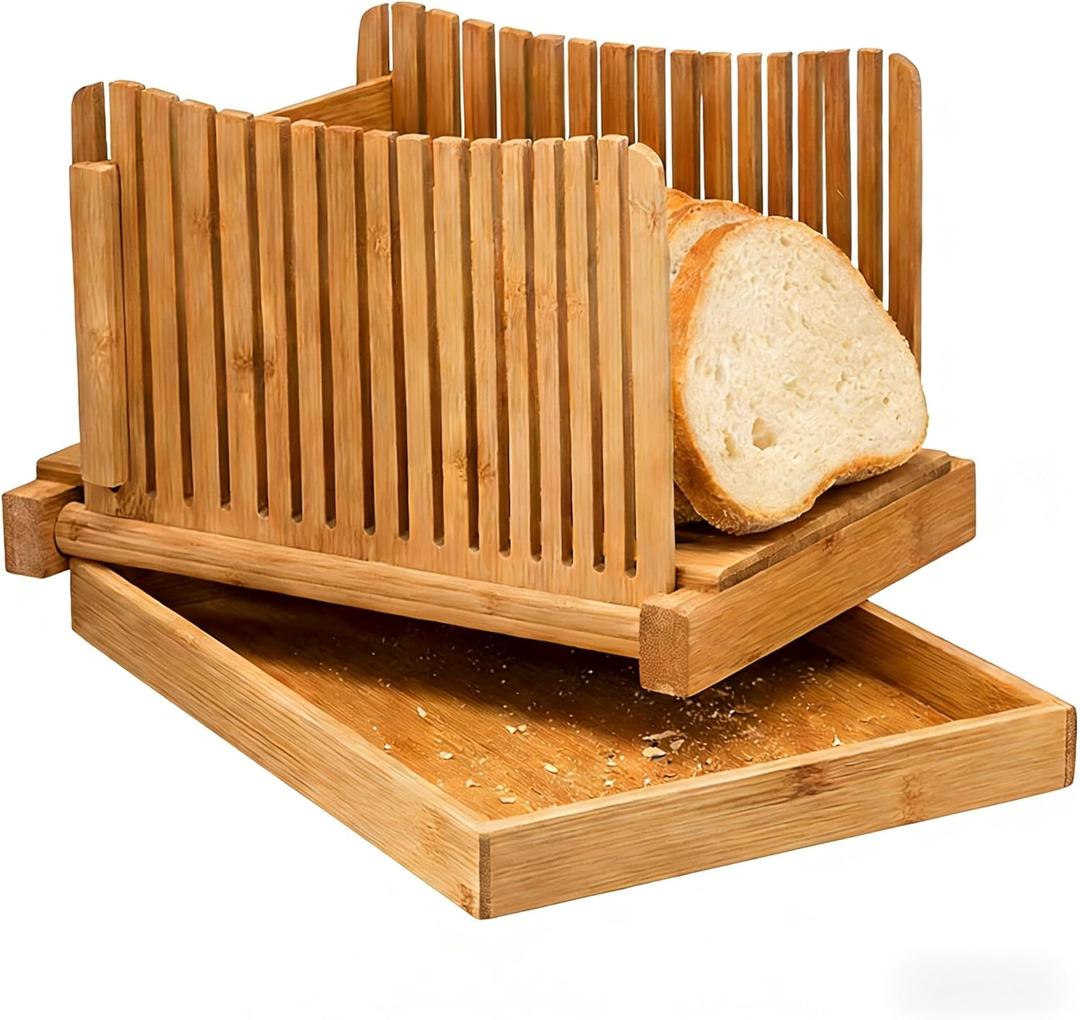 Bamboo Bread Slicer for Homemade Bread, Adjustable with Foldable Slicing Guide & Crumb Tray, Even Slicing for Sourdough Loaf, Sandwich Bread, Bagels & Cakes, Kitchen Baking Gadget