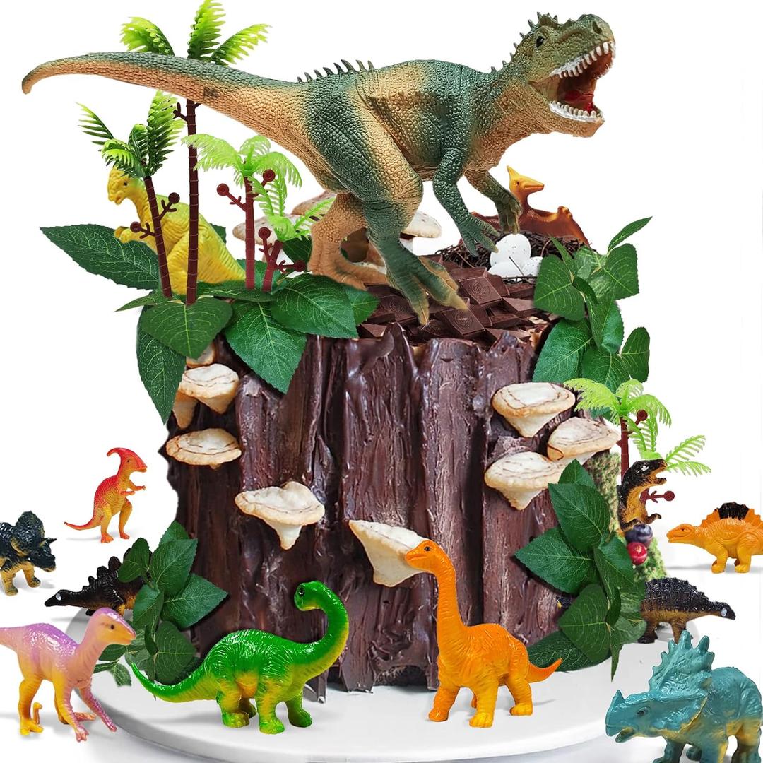 GLAHORSE 26 PCS Dinosaur Cake Toppers With Dinosaur Eggs Leaves Trees Cake Decorations For Birthday Party,dinosaur Themed party, Wild Animals Party,Kids Party Cake Decorations